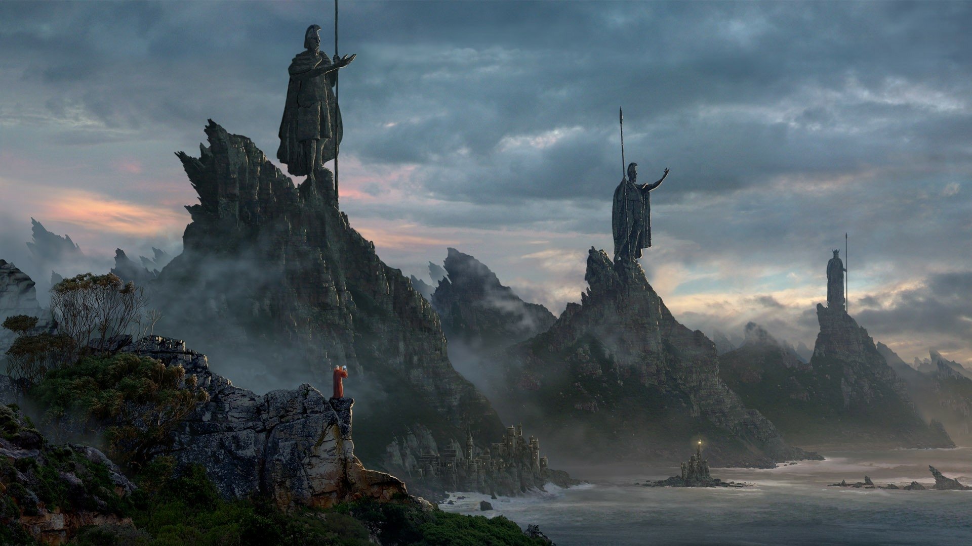 Misty coastal fantasy stronghold with towering statues and spired towers on jagged cliffs overlooking the sea, evoking The Lord of the Rings.