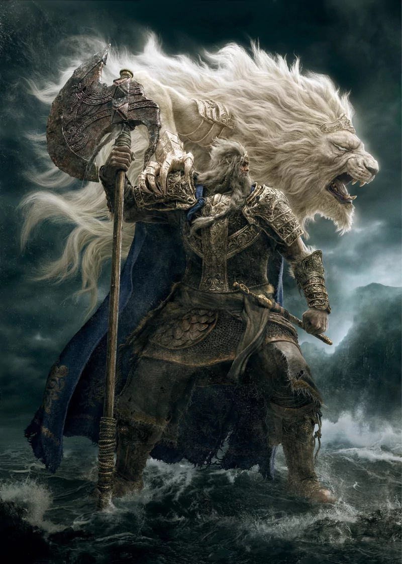 A warrior clad in ornate armor wields a large axe, standing before a massive, ethereal lion spirit in a dark, misty landscape from the video game Elden Ring.