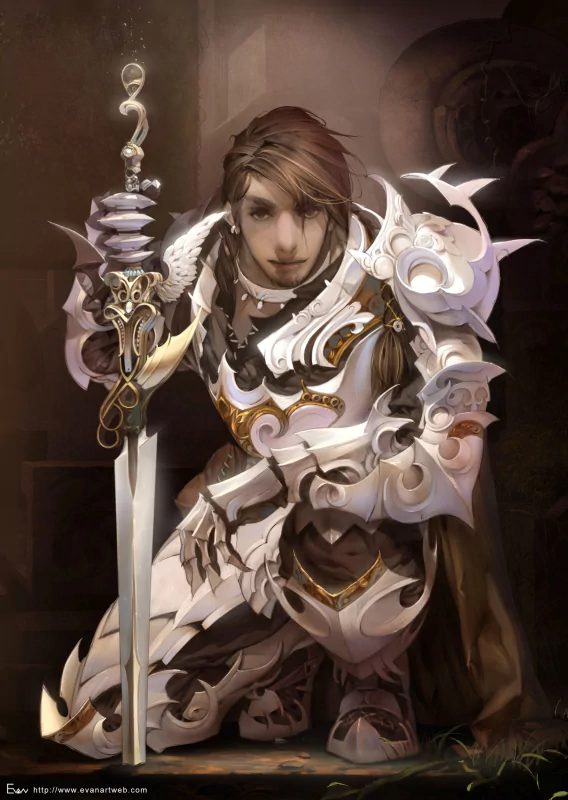 A fantasy warrior kneels confidently, clad in intricate armor, wielding a gleaming sword. The background hints at a mystical setting, enhancing the epic atmosphere.