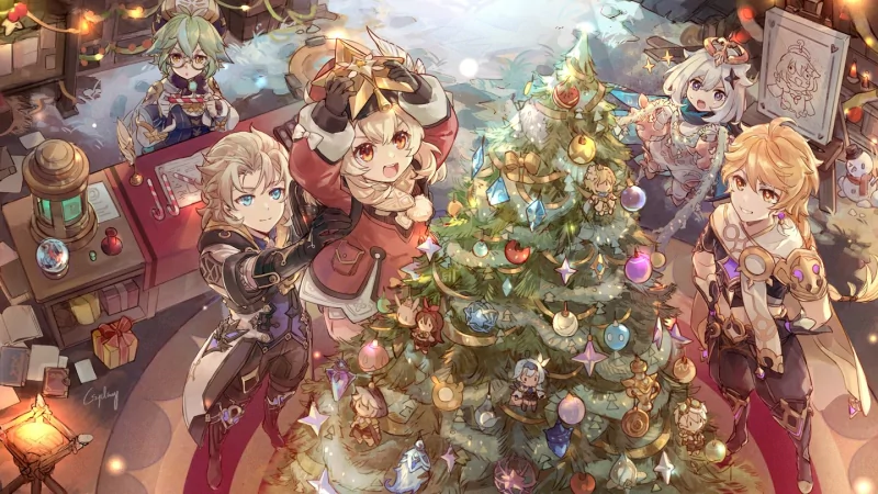 Genshin Impact's Aether, Albedo, Sucrose, Klee and Paimon gather around a sparkling Christmas tree in a cozy, festive room filled with gifts and warm lights.