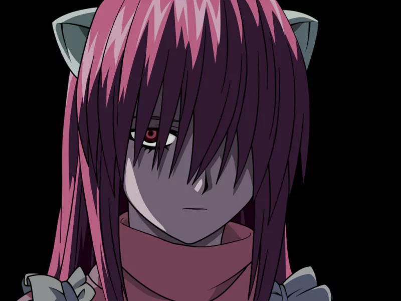 Anime (Elfen Lied): pale, red‑eyed girl with long pink hair obscuring her face, wearing cat‑ear headband and scarf against a black background.