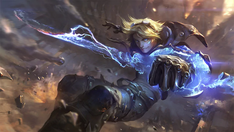 Ezreal from League of Legends unleashes a powerful energy blast, surrounded by explosive effects. A dynamic representation of this iconic video game character in action.