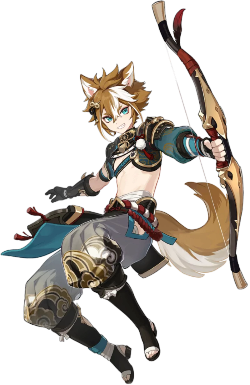 Gorou (Genshin Impact) — video game character: fox-eared archer in teal and gold armor, bow drawn, bushy tail, energetic airborne pose.