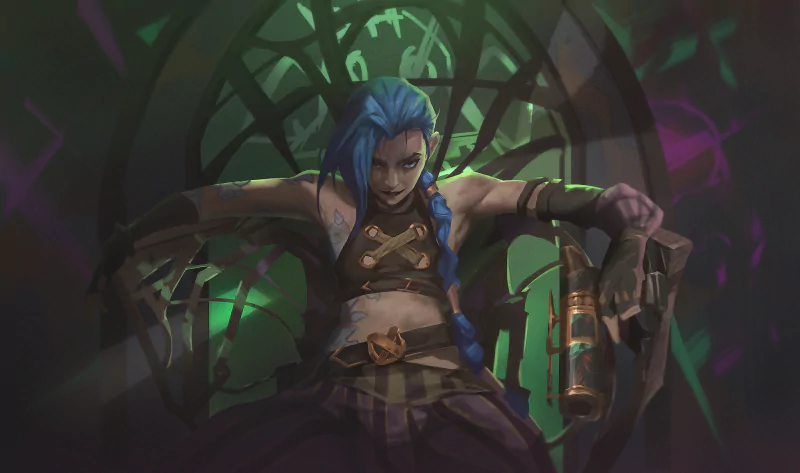 Jinx (League of Legends) from the TV show Arcane sits in a dark throne, blue braided hair, smirking and holding explosives amid green and purple light.