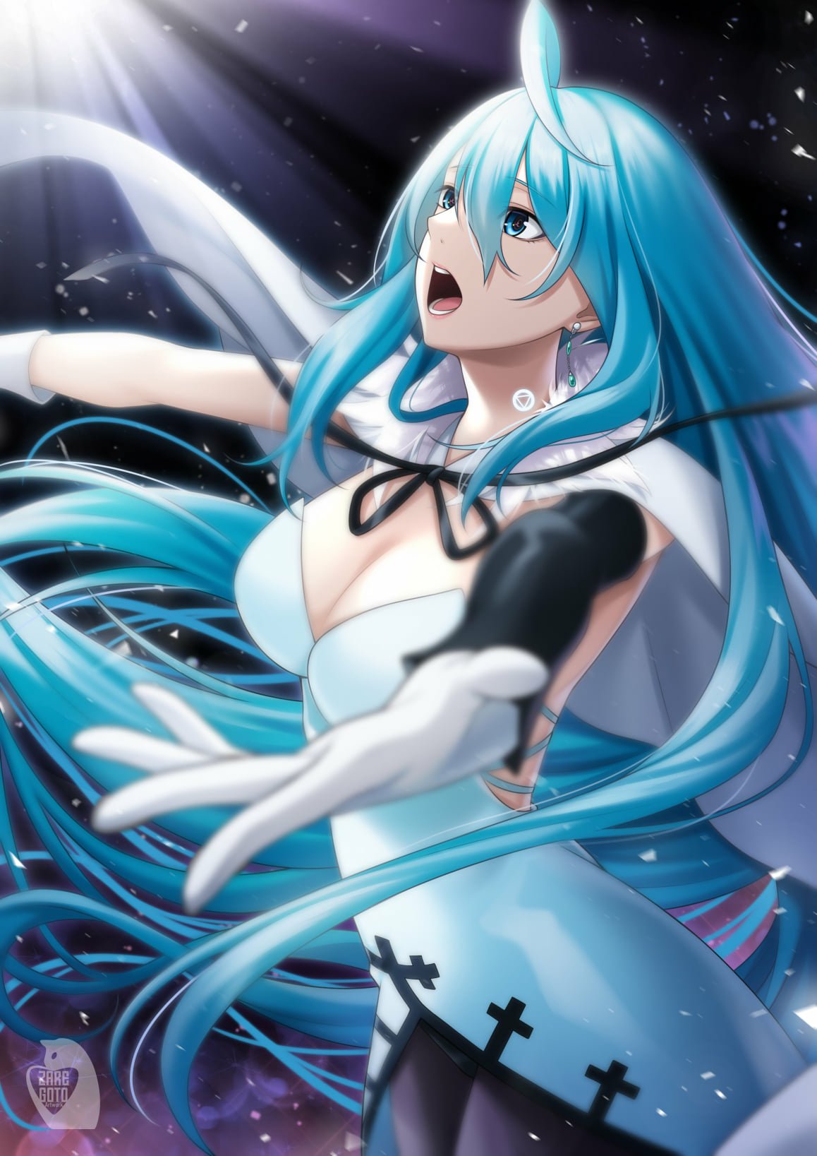 Vivy (Vivy: Fluorite Eye's Song) reaching upward, turquoise hair flowing, singing beneath dramatic light with sparkles, wearing a cross-accented outfit.