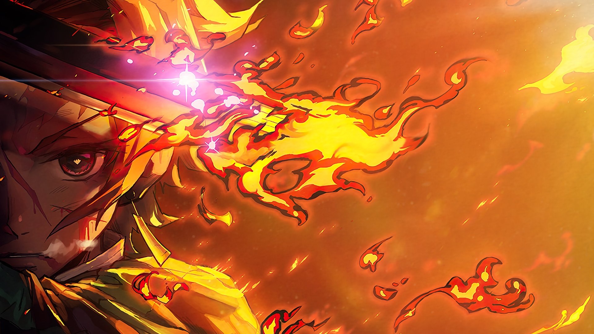 Tanjiro Kamado performs the Hinokami Kagura, surrounded by vibrant flames. This striking scene captures the intensity and spirit of *Demon Slayer: Kimetsu no Yaiba* in stunning detail.