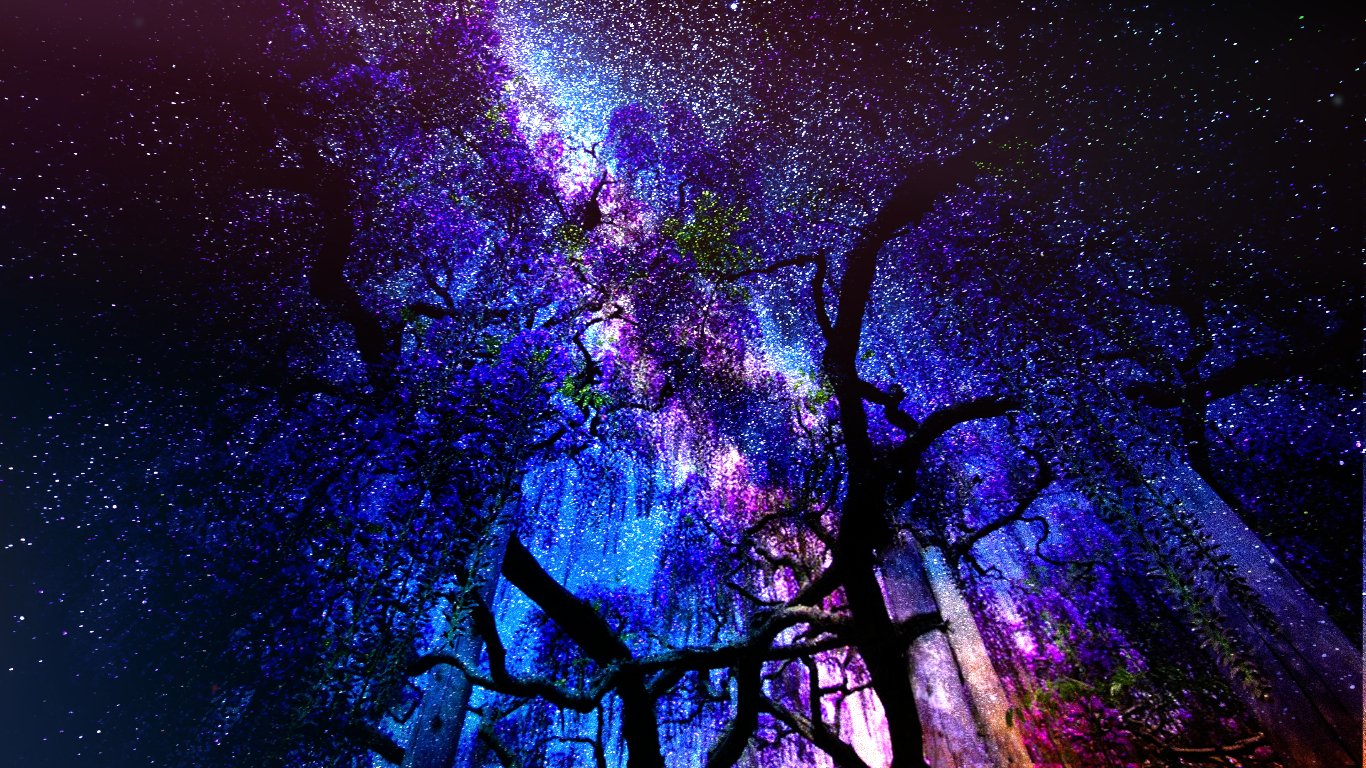 Artistic nightscape of silhouetted tree branches beneath a vivid, rainbow-colored Milky Way and cascading starlight.