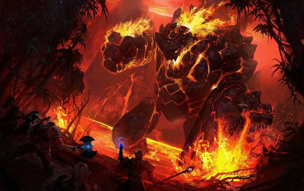 A towering fiery golem monster erupts from molten rock in a fantasy landscape, flames and lava cascading as small figures watch from a charred ridge.