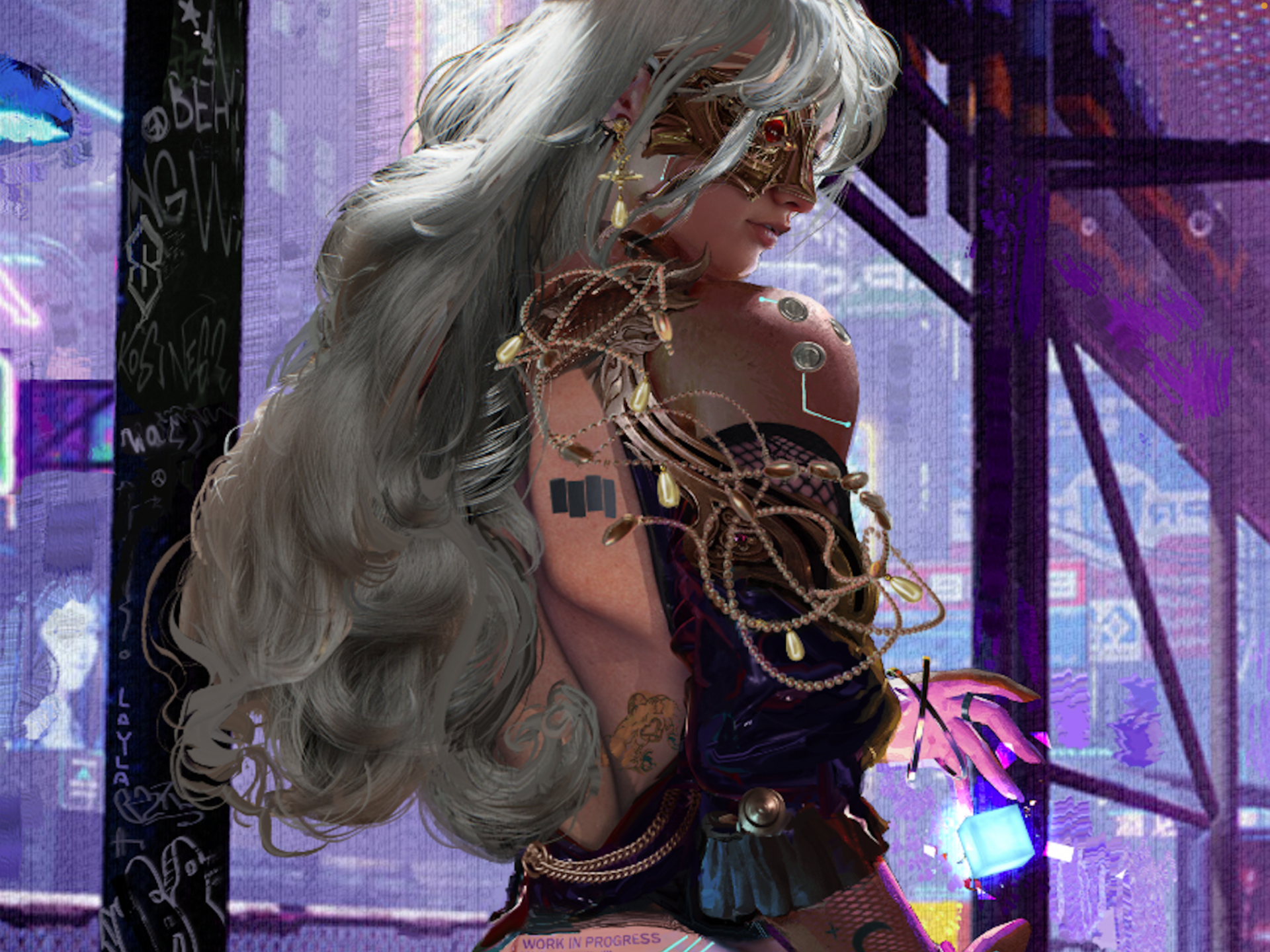 Cyberpunk sci-fi portrait of a silver‑haired cyborg with exposed wiring and implants, holding a glowing blue device against a neon-lit urban scaffolding backdrop.