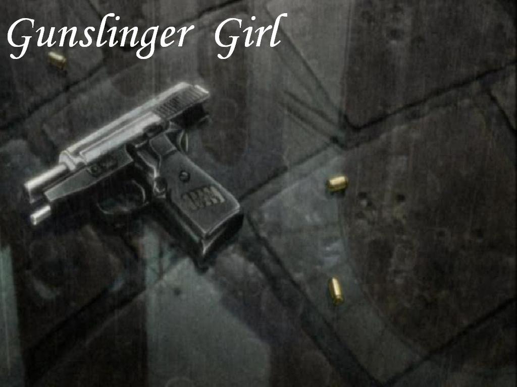 Dark anime-style scene from Gunslinger Girl: a handgun and spent shell casings lie on a wet, tiled floor.
