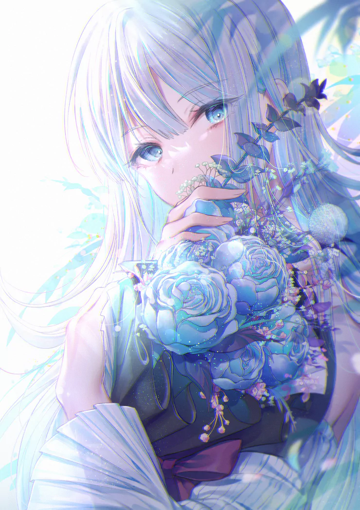 Anime girl with long white hair and blue eyes gently holding a bouquet of blue and white flowers, surrounded by soft, glowing light and delicate floral accents.