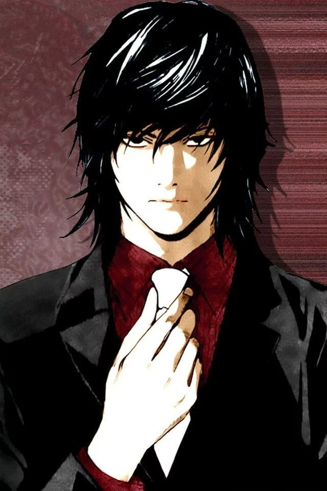 Anime-style portrait of a dark-haired Death Note character in a suit, adjusting a tie with a serious, intense expression against a textured red background.