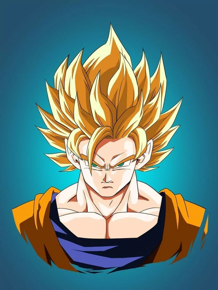 Goku from Dragon Ball Z in his Super Saiyan form, with spiky golden hair and intense expression, illustrated in bold anime style.