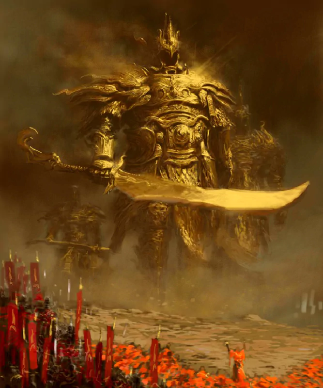 A majestic golden knight towers over a battlefield, holding a massive sword, embodying themes of fantasy and legend amidst swirling smoke and scattered crimson banners.