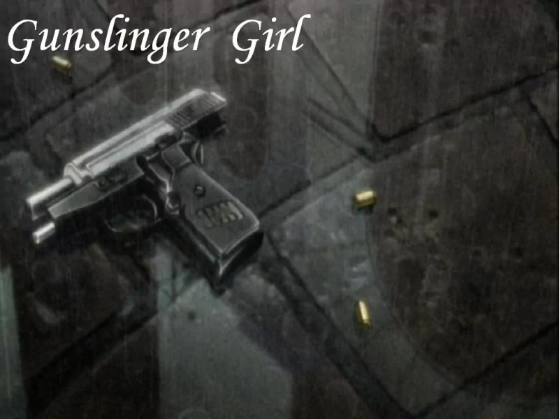 Dark anime-style scene from Gunslinger Girl: a handgun and spent shell casings lie on a wet, tiled floor.