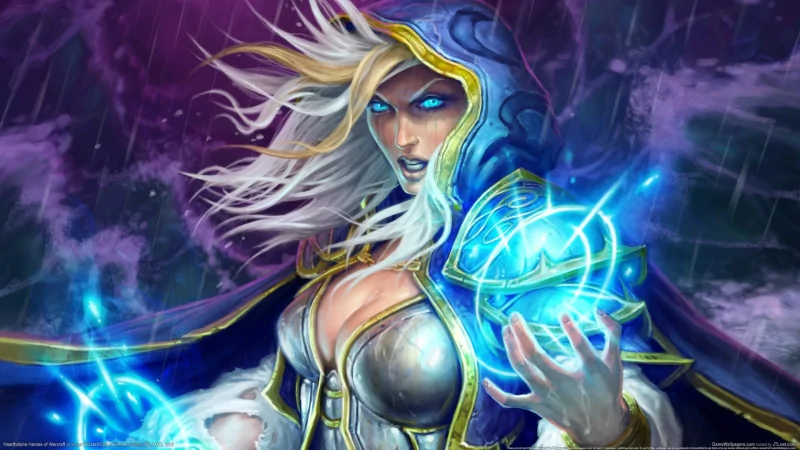 A striking character from the video game Hearthstone: Heroes of Warcraft, showcasing a sorceress with flowing hair and glowing blue magic orbs, set against a dark, stormy background.