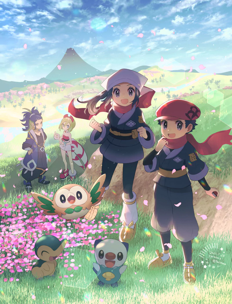 Rei (Pokémon) Akari (Pokémon) Adaman (Pokémon) Rowlet (Pokémon) Oshawott (Pokémon) Elio (Pokémon) Cyndaquil (Pokémon) video game Pokémon Legends: Arceus Image