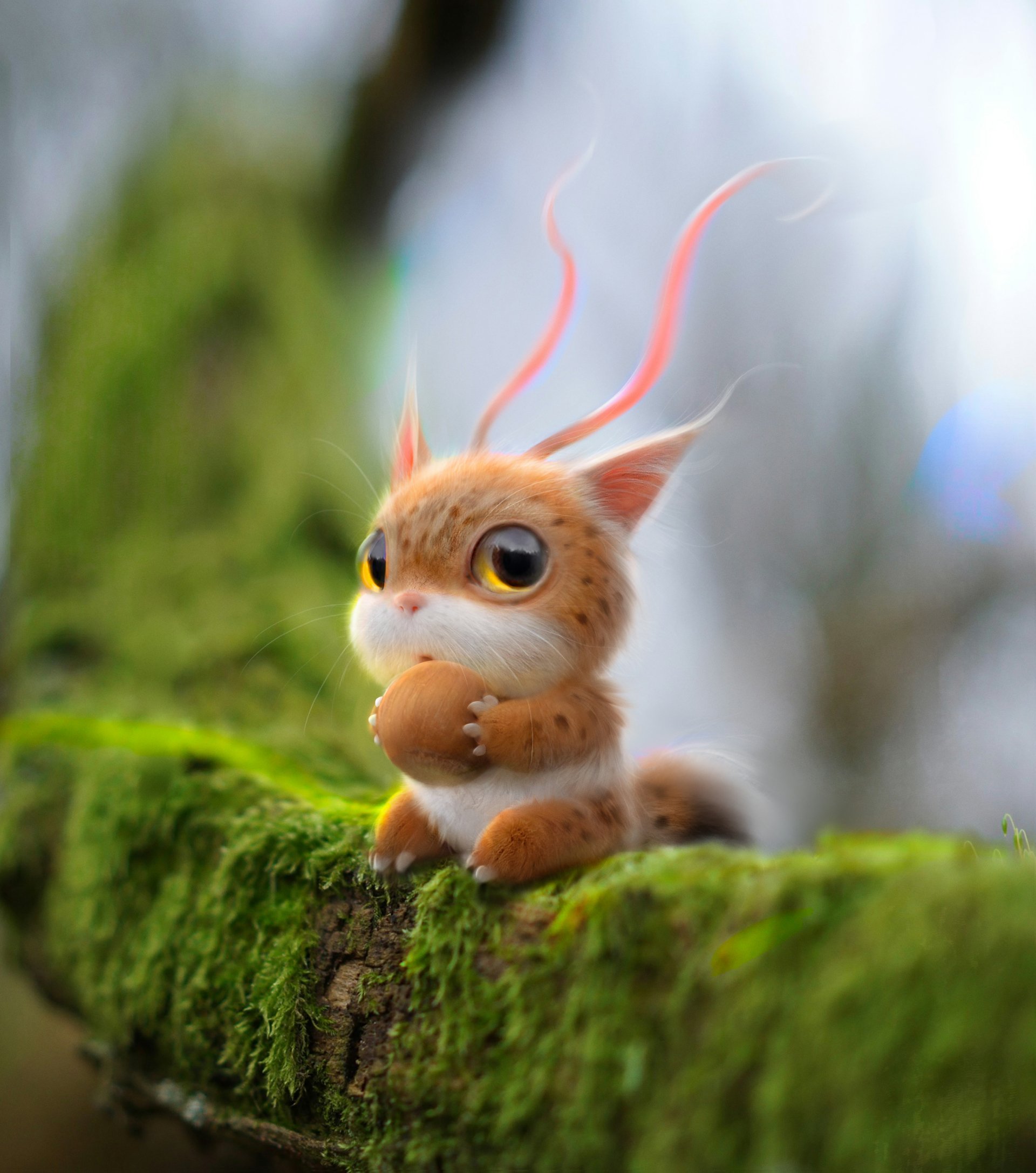 Cute fantasy animal with long pink antennae and big golden eyes clutching an acorn while perched on a mossy log.