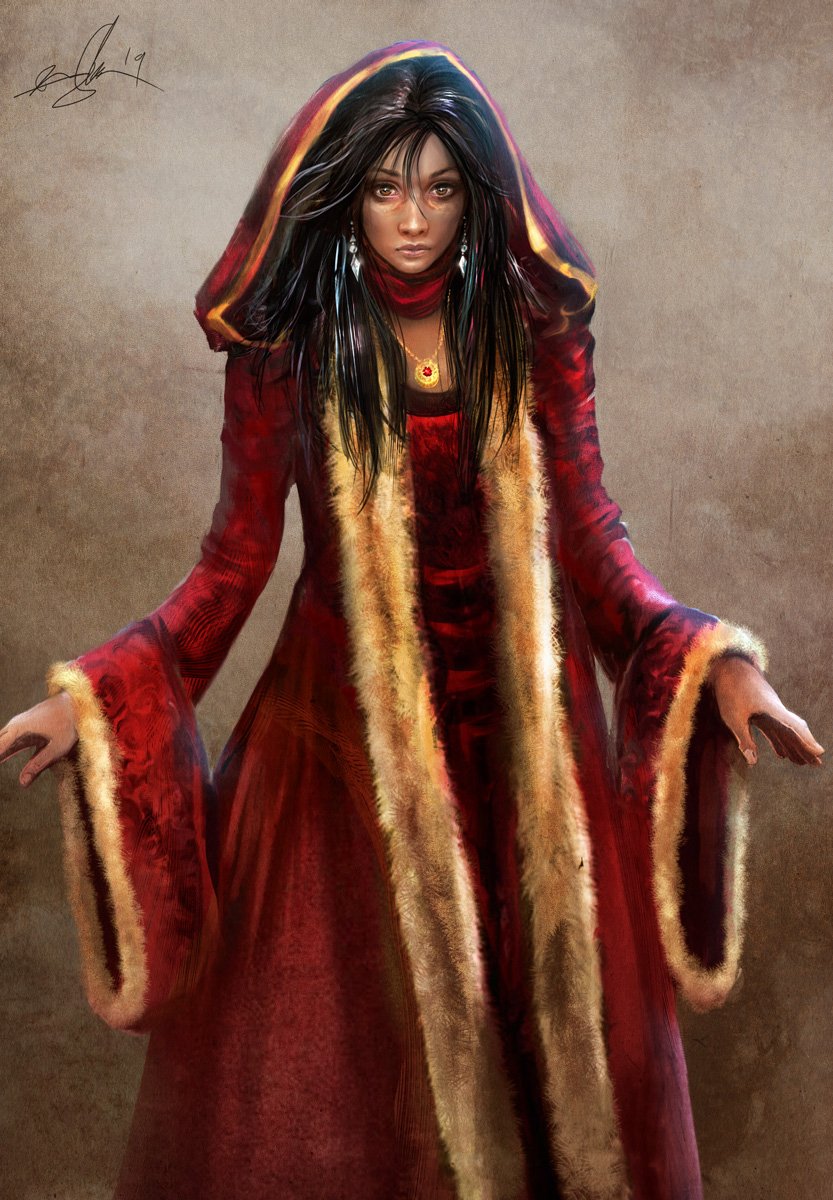 Download Red Dress Black Hair Fantasy Woman Art