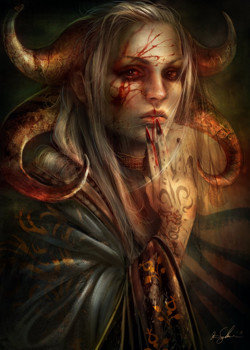 Shadowed fantasy demon with large curved horns, pale blood-streaked face and ritual tattoos, finger pressed to bloodied lips.