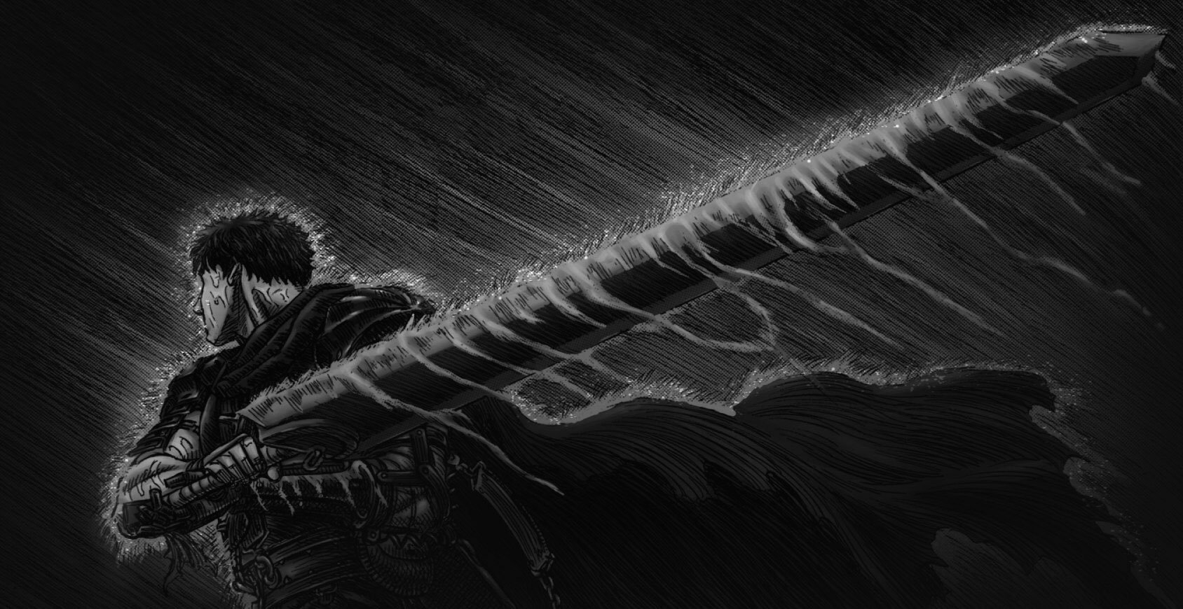 Black and white anime-style image from Berserk featuring a lone warrior wielding a massive sword in heavy rain.