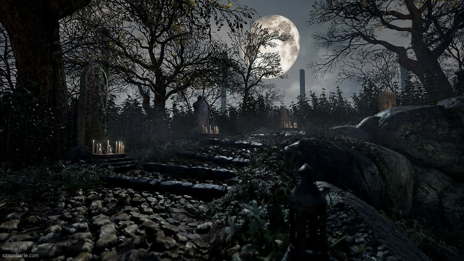 Moonlit gothic graveyard from the video game Bloodborne: cobblestone path, twisted trees, lit candles by a tomb, and a distant cathedral spire silhouetted against a full moon.