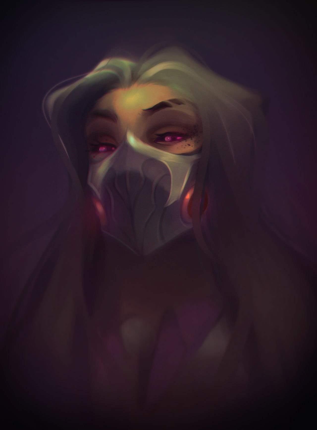 Renata Glasc (League of Legends): moody portrait of a pale‑haired woman with glowing red eyes and an ornate metallic mask, shrouded in purple shadows.