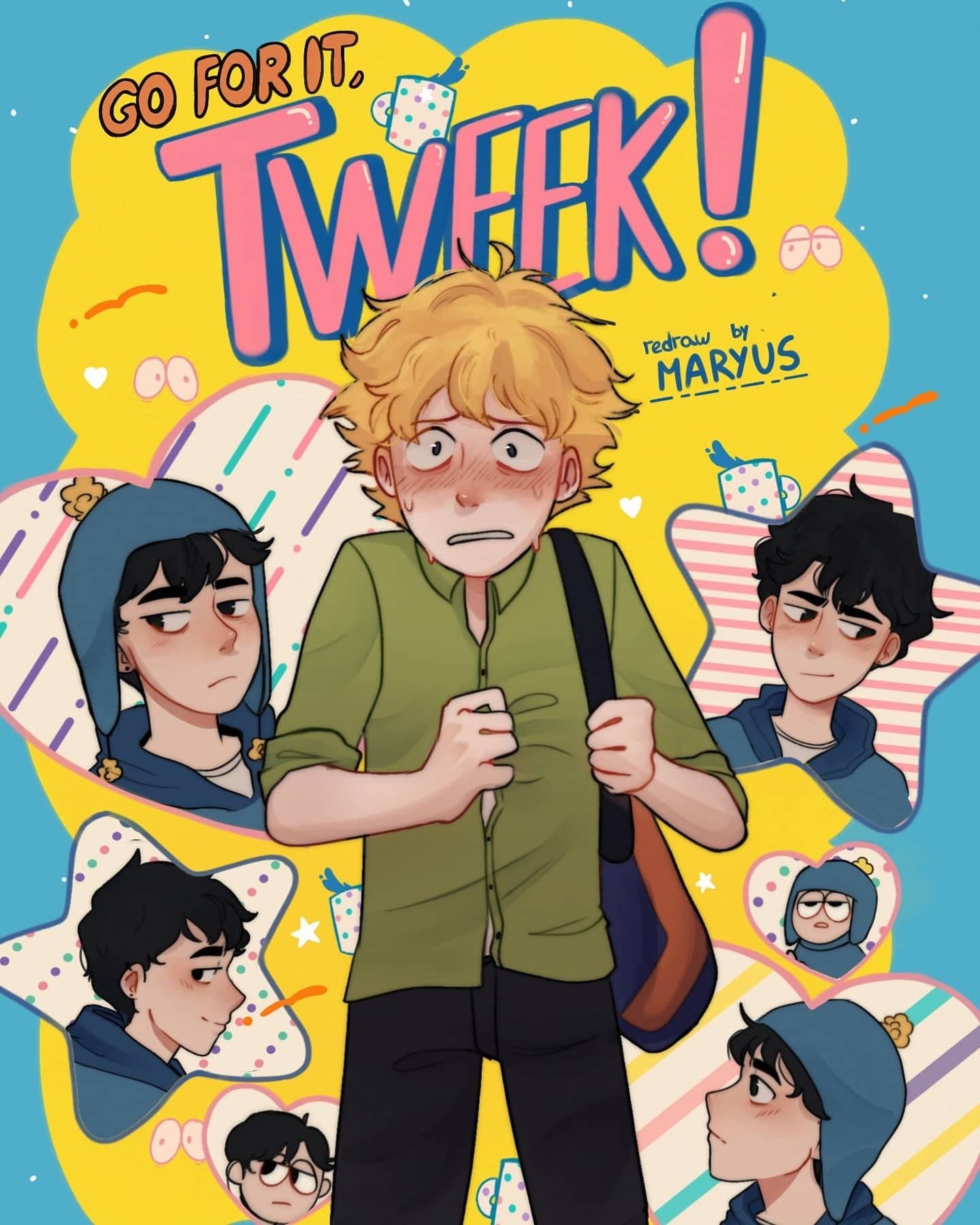 Illustration featuring Tweek Tweak nervously clutching his bag, surrounded by multiple expressions of Craig Tucker from the TV show South Park, with playful, colorful background text.