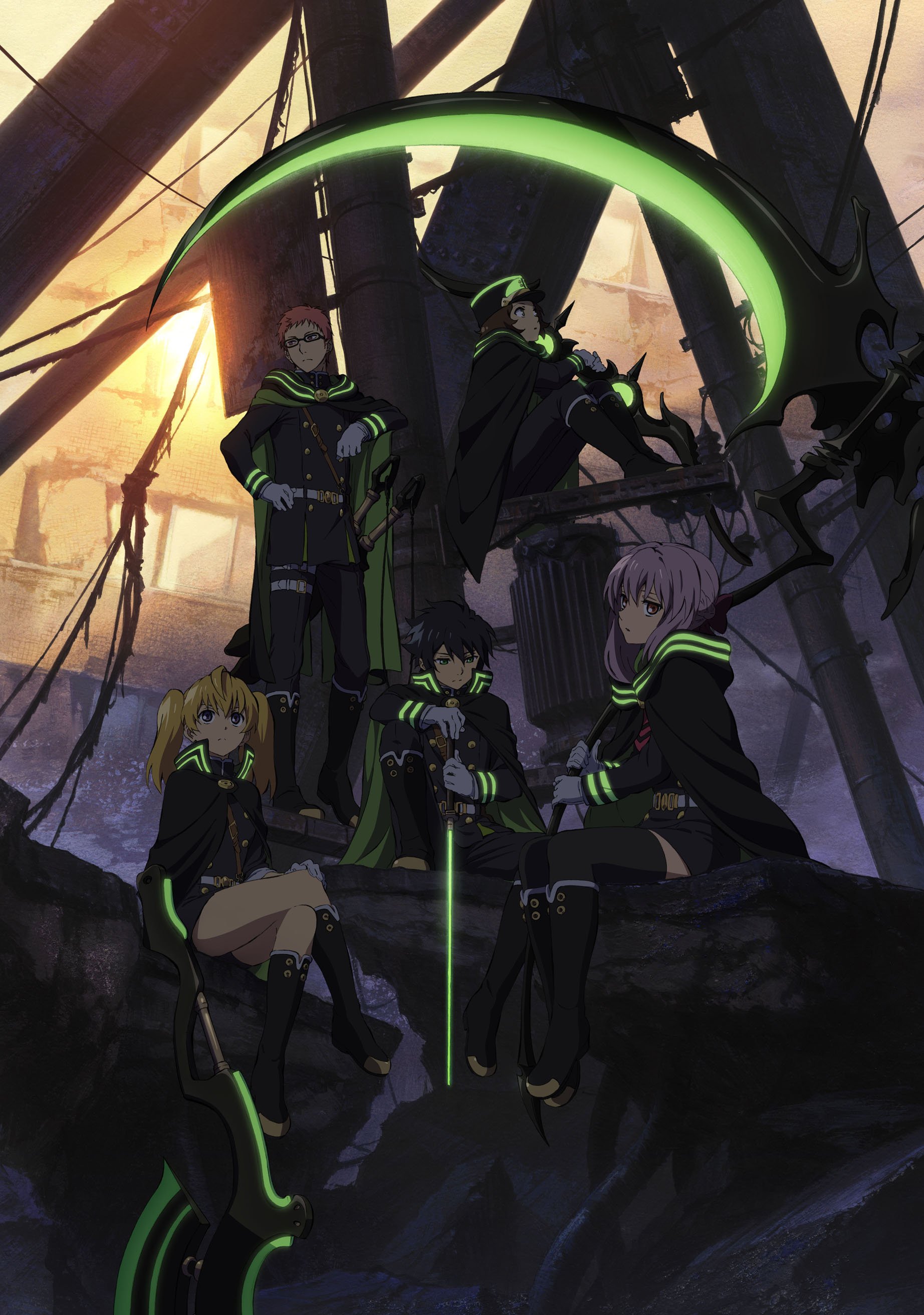 Mitsuba Sangū, Shihō Kimizuki, Yoichi Saotome, Shinoa Hīragi, and Yūichirō Hyakuya from the anime Seraph of the End pose together with glowing weapons against a dark, industrial backdrop.