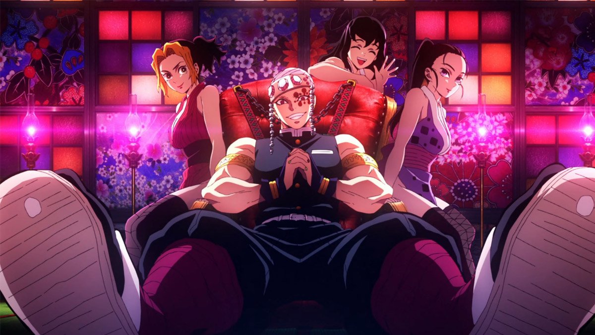 Anime, Demon Slayer: Kimetsu no Yaiba — a muscular man lounges on a throne with three women posing around him, bathed in neon pink light and floral shoji screens.