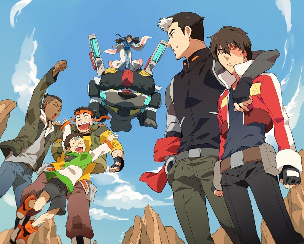 Download Hunk (Voltron) Lance (Voltron) Pidge (Voltron) Keith Kogane Shiro (Voltron) Bolin (Avatar) Appa (Avatar) Mako (Avatar) Katara (Avatar) Sokka (Avatar) Aang (Avatar) Zuko (Avatar) Avatar: The Last Airbender Voltron Legendary Defender TV Show Crossover Art