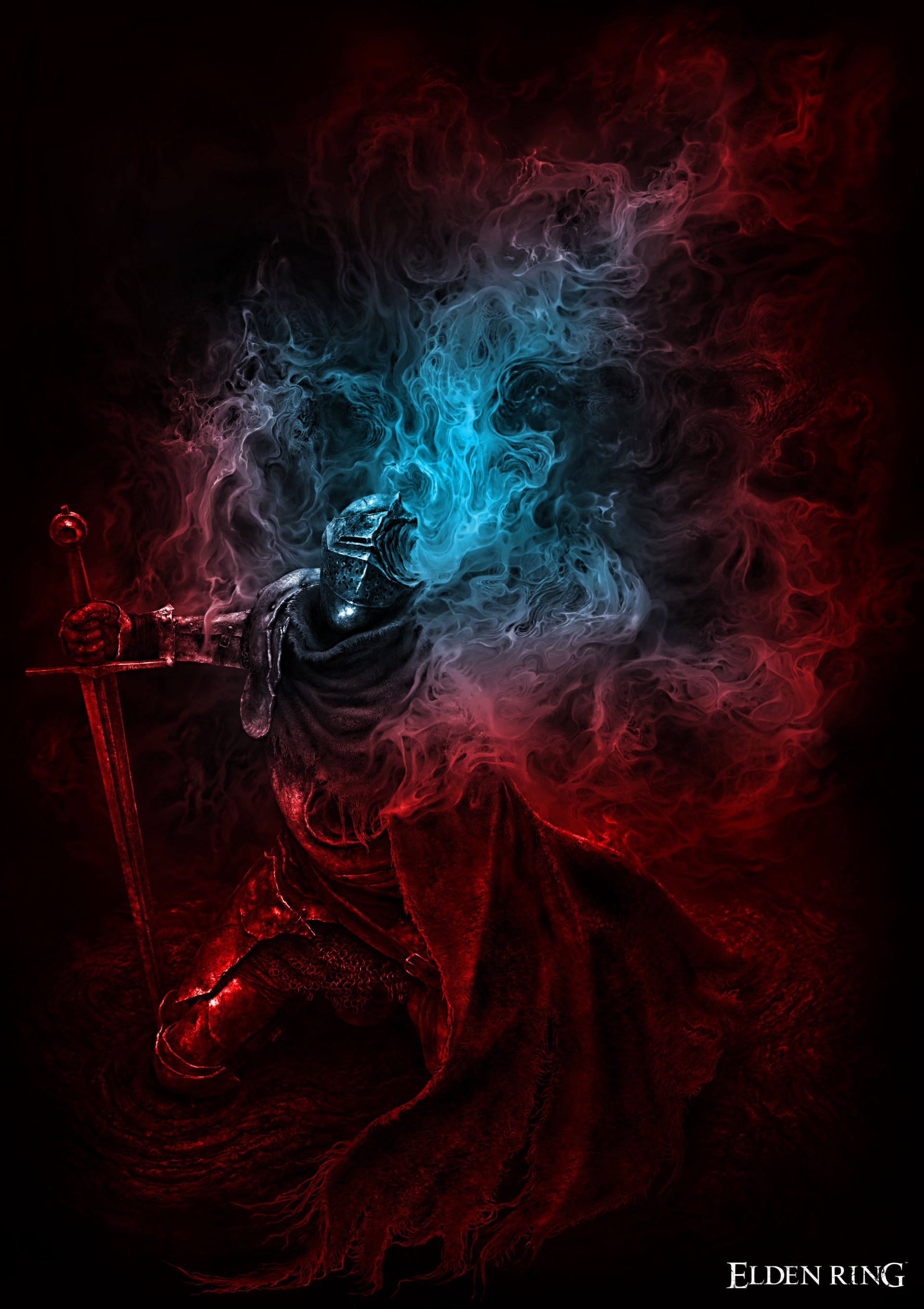 Elden Ring video game scene: armored knight kneels with sword as red smoke swirls into a blue ethereal flame, ominous and surreal.