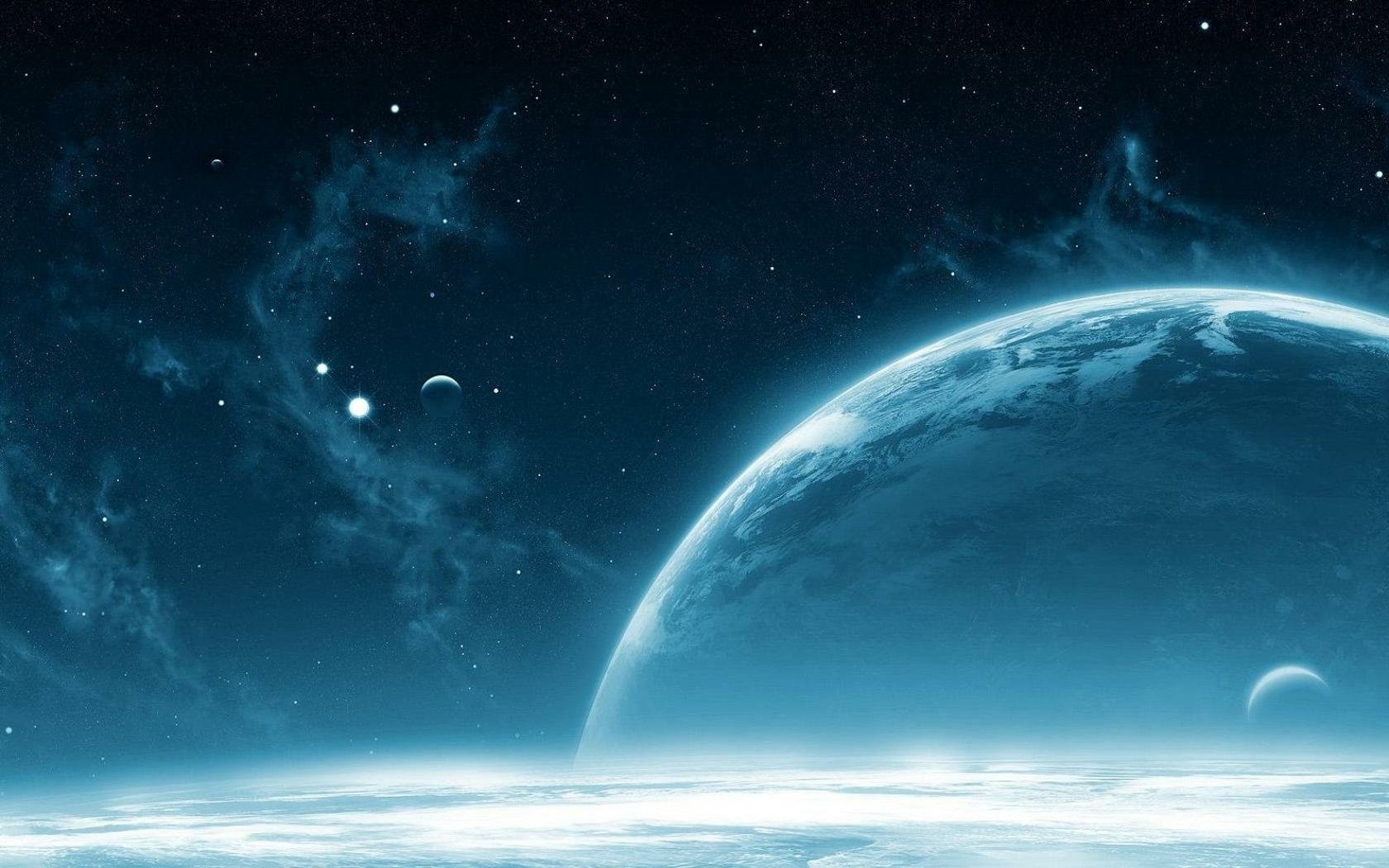 A stunning planetscape featuring a large, illuminated planet against a deep space backdrop, highlighting distant stars and cosmic elements in a captivating sci-fi scene.