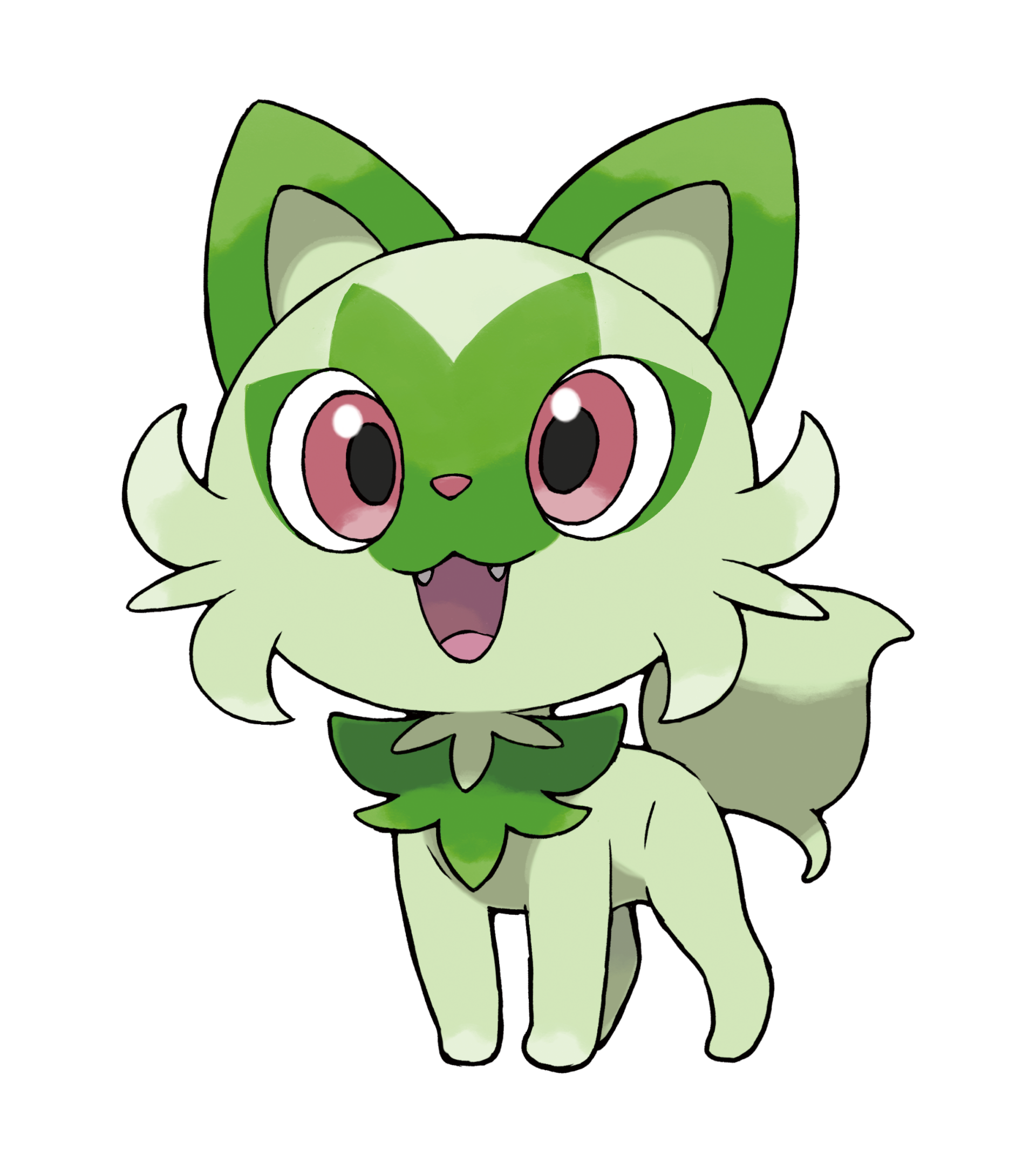 Sprigatito from the Pokémon video game Pokémon Scarlet and Violet — a small green cat-like starter with big pink eyes, leafy collar and cheerful expression on a black background.