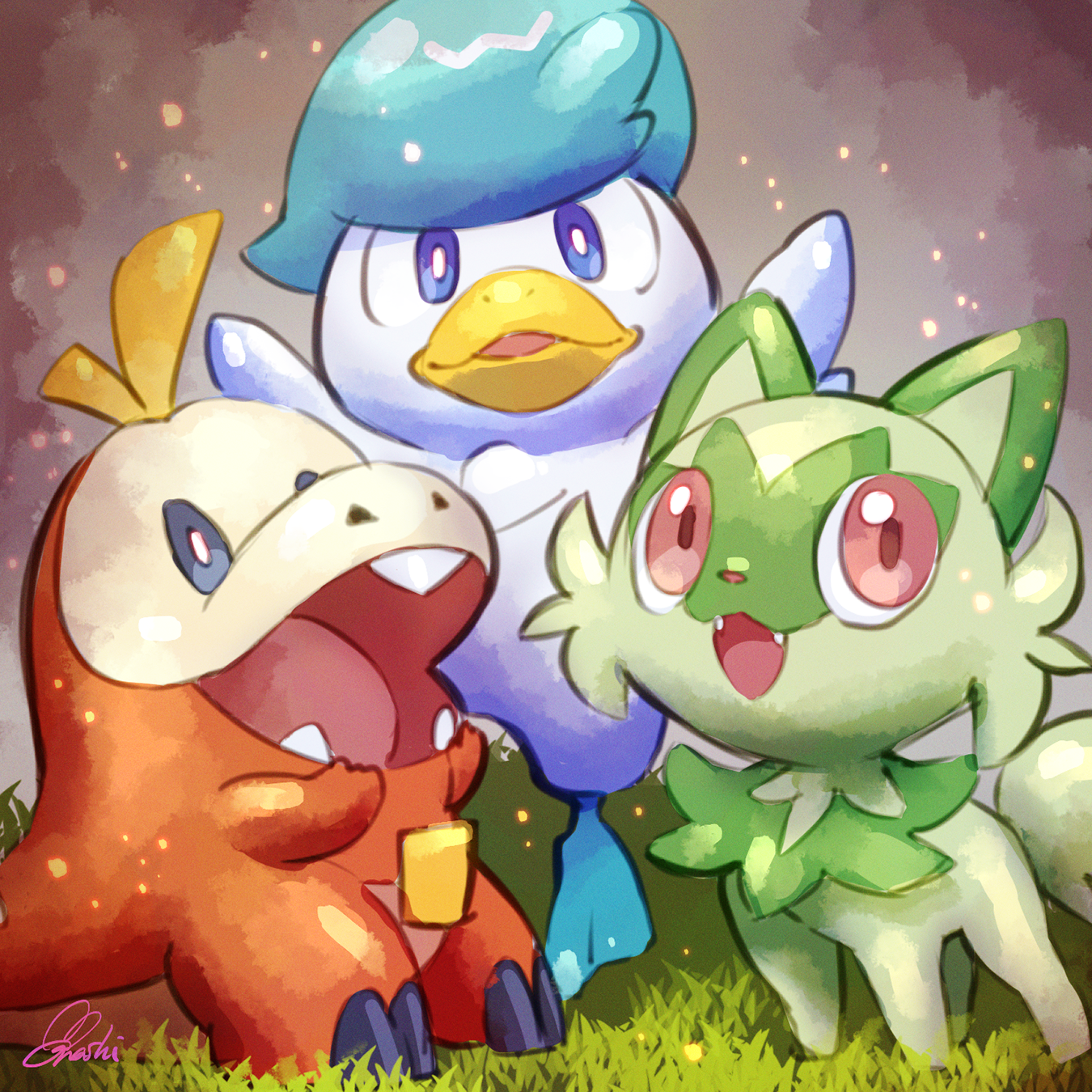 Illustration of Sprigatito, Quaxly, and Fuecoco, the starter Pokémon from the video game Pokémon: Scarlet and Violet, shown together in a vibrant outdoor setting.