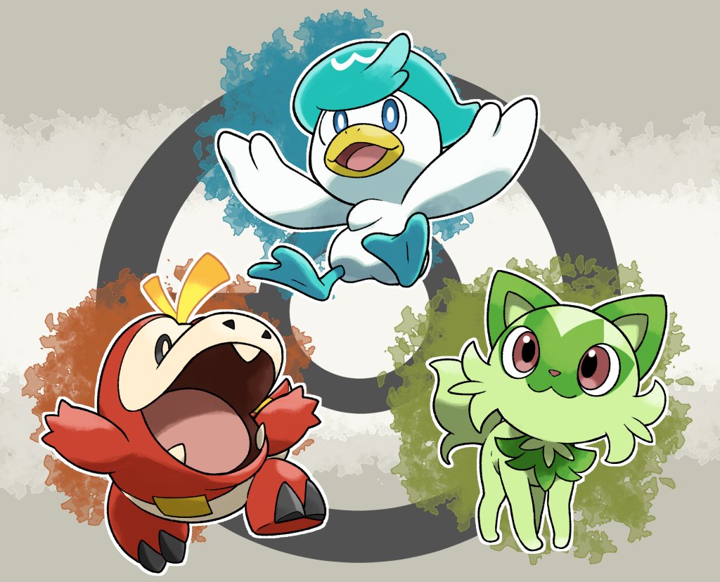 Illustration of the starter Pokémon Sprigatito, Quaxly, and Fuecoco from the video game Pokémon: Scarlet and Violet, set against a stylized background.