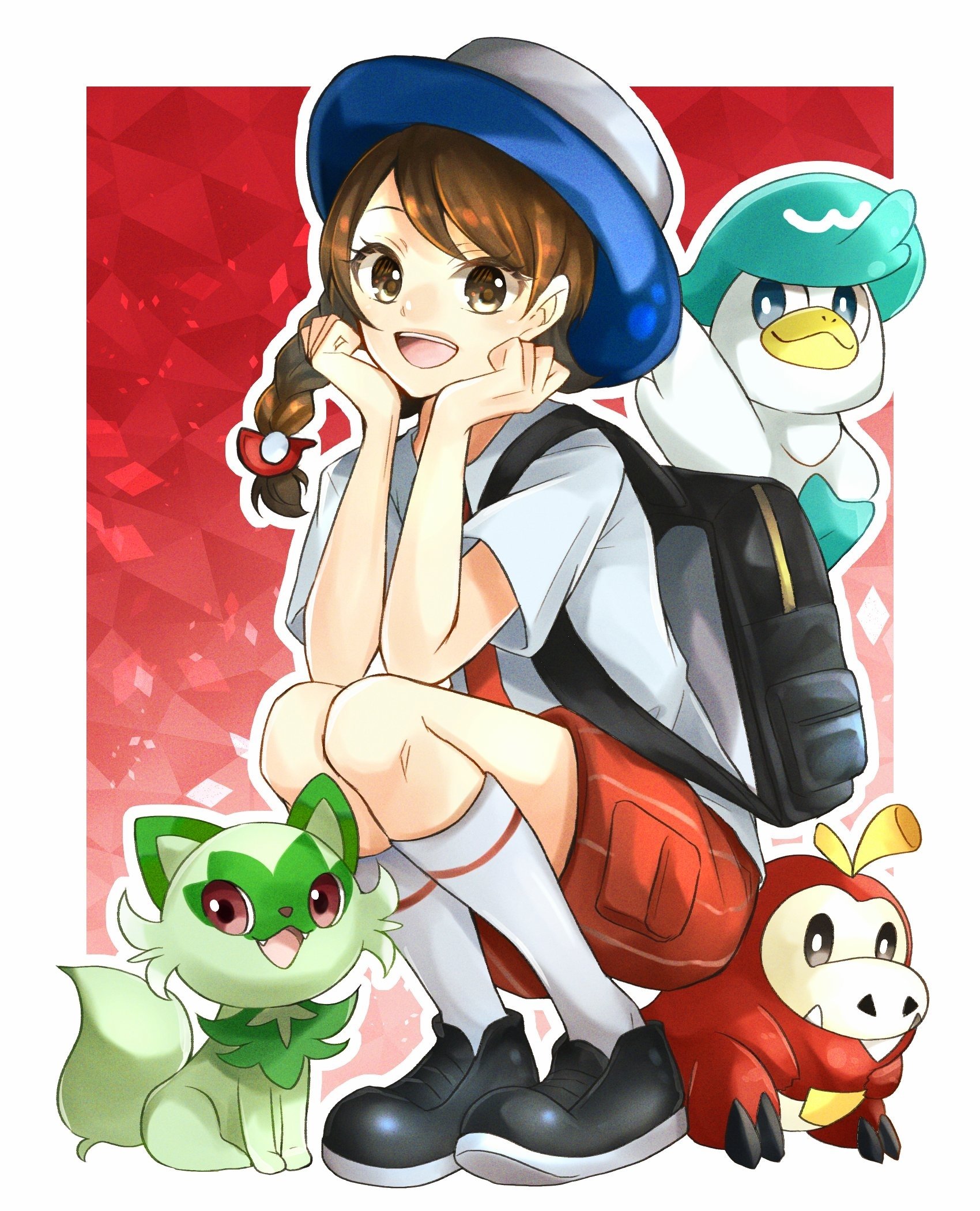 Juliana from the video game Pokémon: Scarlet and Violet crouches smiling with the starter Pokémon Sprigatito, Quaxly, and Fuecoco.