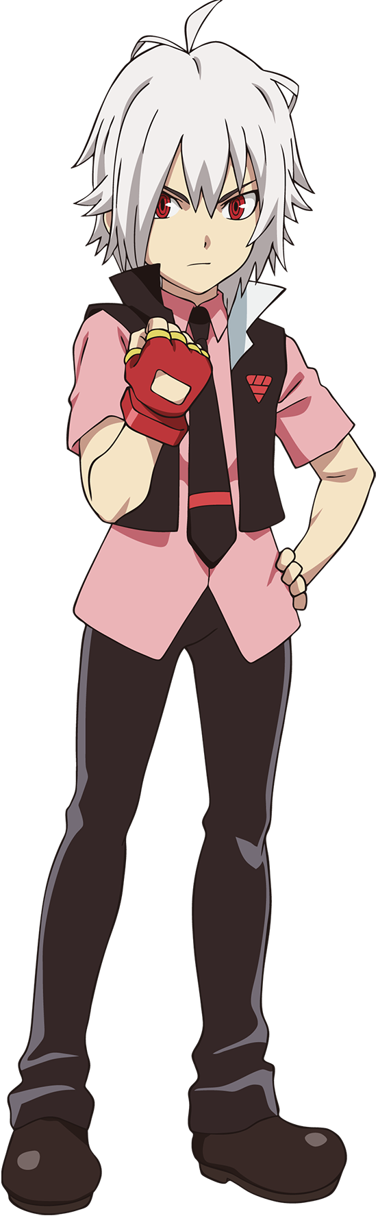 Shu Kurenai from Beyblade Burst — full-body anime pose: white hair, red eyes, pink shirt with black vest and tie, red glove, serious expression with a clenched fist.