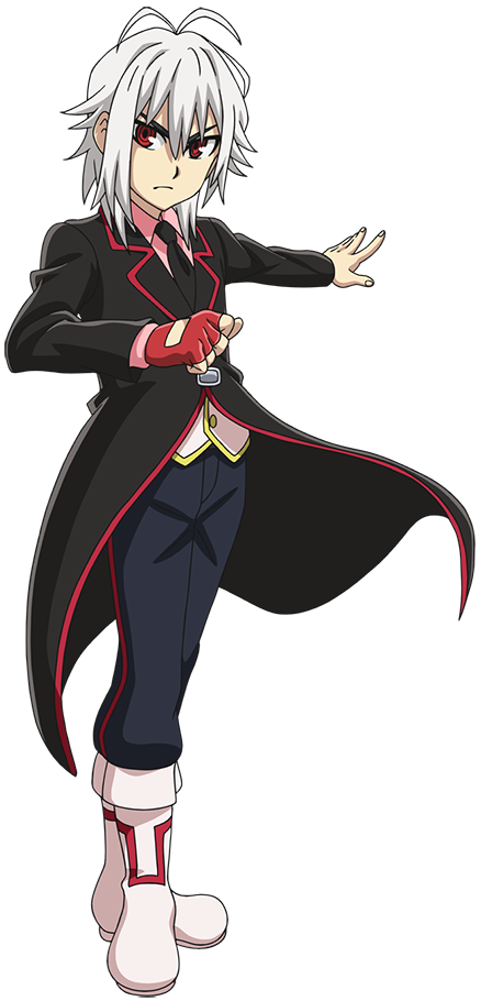 Shu Kurenai (Beyblade Burst) — white-haired anime boy in a black coat with red trim, red eyes, gloved hand ready as if about to launch a Beyblade.