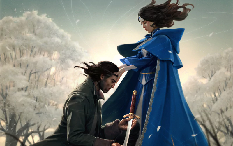 A fantasy warrior in a flowing blue cloak stands with a sword as another figure kneels in a snowy, ethereal forest setting.