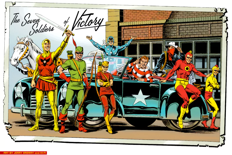 Pat Dugan Crimson Avenger Wing (DC Comics) Shining Knight (DC Comics) Oliver Queen Roy Harper Star Spangled Kid Green Arrow Speedy (DC Comics) Vigilante (DC Comics) Comic Seven Soldiers of Victory Image