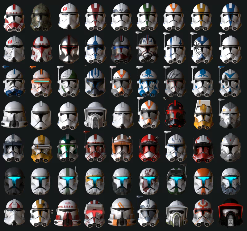 Grid of Star Wars clone trooper helmets — colorful Sci Fi armor variants showcasing many different clones.