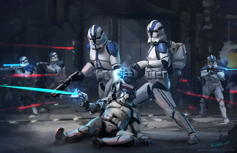 Star Wars sci-fi battle: blue-and-white clone troopers exchange blaster fire amid red and blue bolts while one kneels over a wounded comrade.