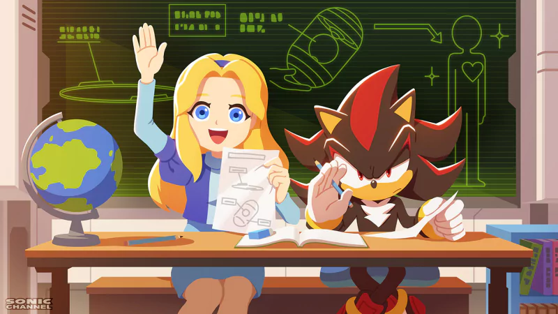 Shadow the Hedgehog and Maria Robotnik sit at a desk in a classroom, with Maria raising her hand and Shadow focused on writing, set against a chalkboard with scientific drawings.