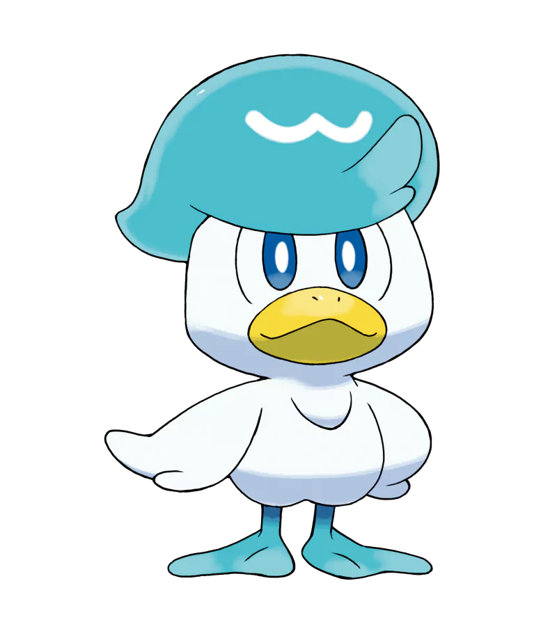 Quaxly from the video game Pokémon: Scarlet and Violet — a small white duck Pokémon with a blue helmet-like crest, blue eyes, yellow beak and webbed blue feet on a black background.
