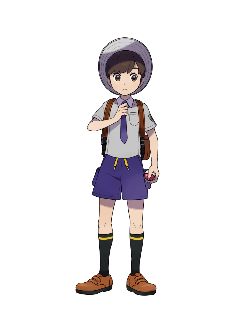 Florian, a young Pokémon Trainer from the video game Pokémon: Scarlet and Violet, in school uniform with backpack and helmet, holding a Poké Ball.