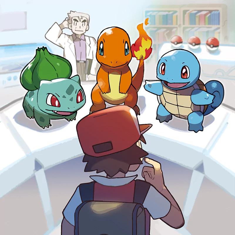 Charmeleon (Pokémon) Squirtle (Pokémon) Bulbasaur (Pokémon) Professor Oak (Pokémon) Red (Pokémon) video game Pokemon: Red and Blue Image