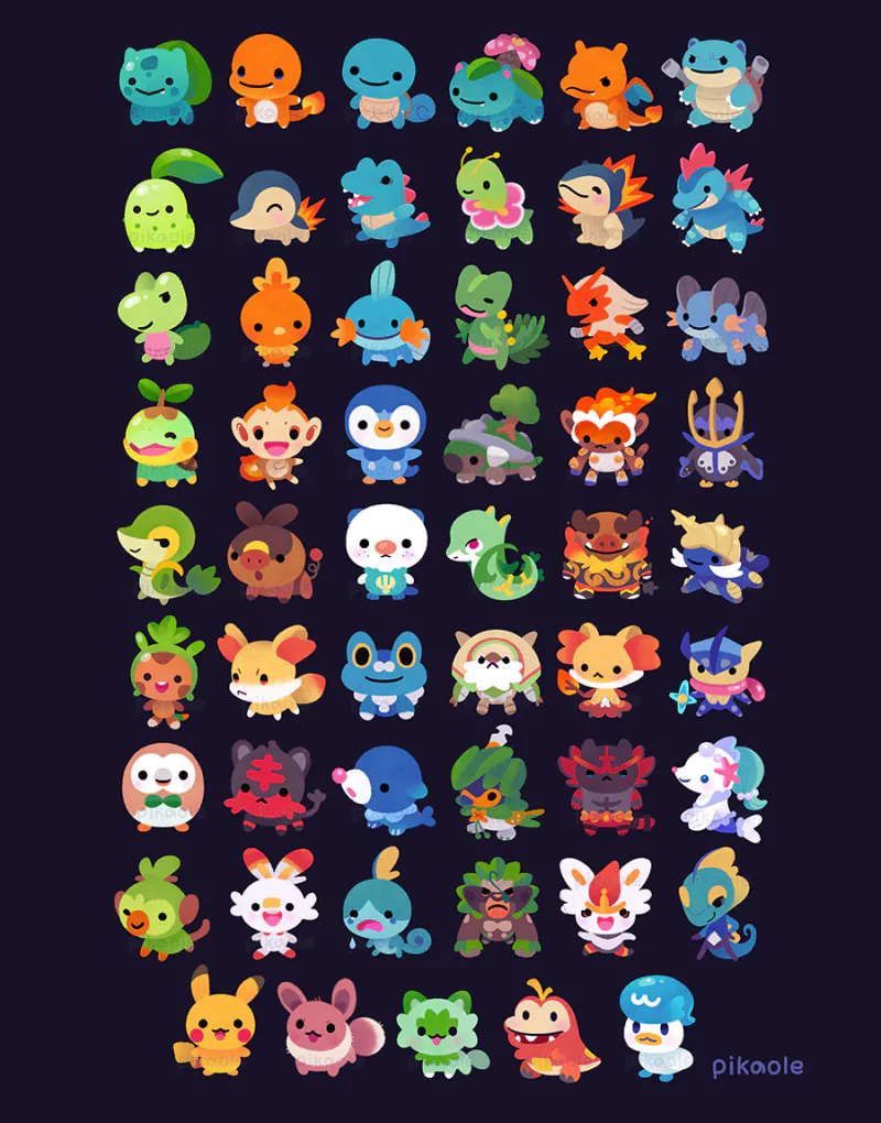 A colorful collection of various Pokémon characters from the video game series, displayed in a cute, chibi art style on a dark background.