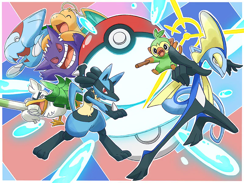 Anime-style action scene: Lucario, Inteleon, Sirfetch'd, Grookey, Dragonite, Gengar and Dracovish circling a giant Poké Ball.