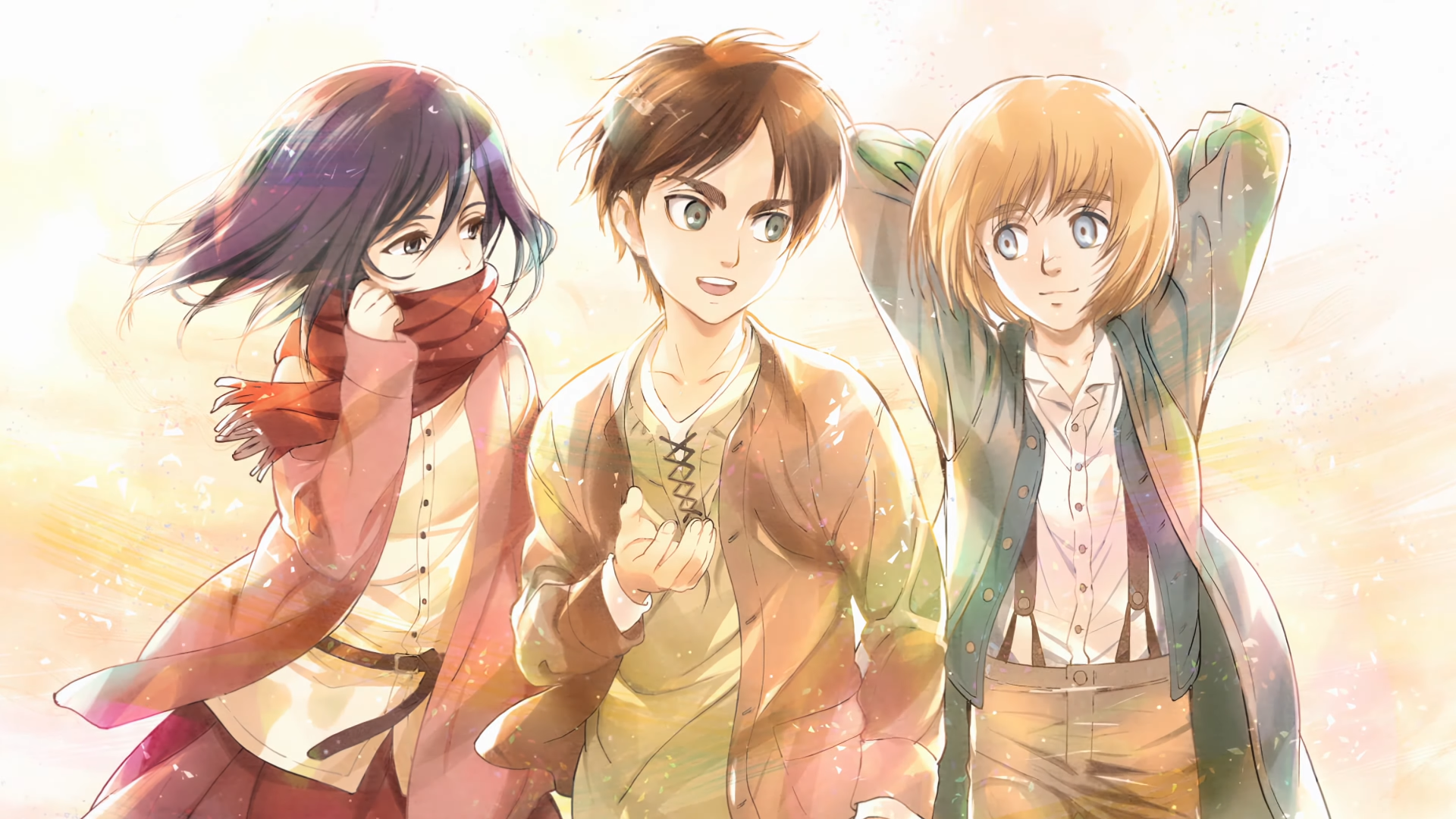 Eren Yeager walks between Mikasa Ackerman and Armin Arlert, the three smiling and bathed in warm, glowing light in an Attack on Titan–style anime illustration.